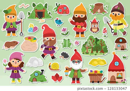 Vector dwarf sticker pack. Cute patches with magic creatures. Woodland, garden gnome icon collection. Fantasy forest illustrations. Fairytale clipart with mine, house, gems, forest, animal 128133047
