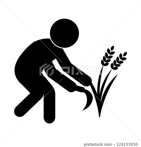 Pictogram of a person harvesting rice with a sickle Pictogram of a person harvesting rice with a sickle 128133050