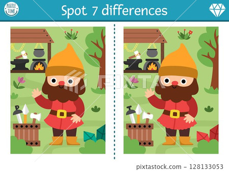 Find differences game for children. Dwarf educational activity with cute gnome blacksmith, forge. Magic forest puzzle for kids. Fairytale printable worksheet, page for attention with woodland scene 128133053