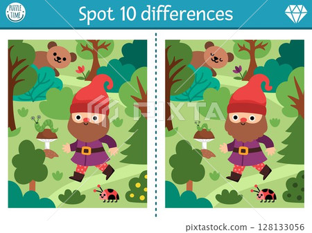 Find differences game for children. Dwarf educational activity with cute gnome going in forest. Magic forest puzzle for kids. Fairytale printable worksheet, page for attention with woodland scene 128133056
