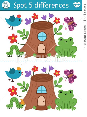 Find differences game for children. Dwarf educational activity with cute tree stump house, frog, bird. Magic forest puzzle for kids. Fairytale printable worksheet, page with woodland scene 128133064