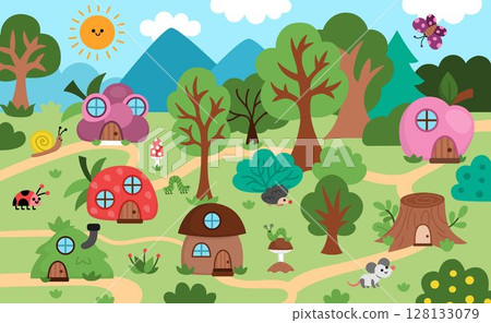 Vector horizontal forest landscape with little houses shaped as mushroom, berry, tree stump and cute animals and insects. Woodland scene or magic nature background with fantasy cozy cottage Vector horizontal forest landscape with little houses shaped as mushroom, berry, tree stump and cute animals and insects. Woodland scene or magic nature background with fantasy cozy cottage 128133079