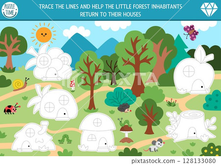Vector handwriting practice worksheet with woodland background animals and fantasy cottages. Printable activity for preschool kids with cute homes. Fairyland fantasy trace houses game 128133080