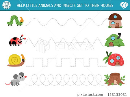 Vector handwriting practice worksheet with woodland animals and insects going to their houses. Printable activity for preschool kids with cute homes. Fairyland fantasy tracing game Vector handwriting practice worksheet with woodland animals and insects going to their houses. Printable activity for preschool kids with cute homes. Fairyland fantasy tracing game 128133081
