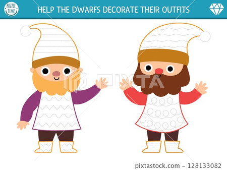 Drawing, writing, tracing, coloring activity for kids with woodland dwarfs and dresses. Fantasy forest preschool printable activity, game, handwriting practice puzzle. Complete gnome costume 128133082