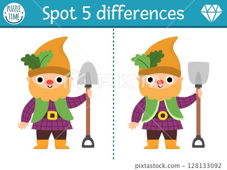 Find differences game for children. Dwarf educational activity with cute garden gnome. Magic forest puzzle for kids. Fairytale printable worksheet, page for logic, attention with fantasy creature Find differences game for children. Dwarf educational activity with cute garden gnome. Magic forest puzzle for kids. Fairytale printable worksheet, page for logic, attention with fantasy creature 128133092