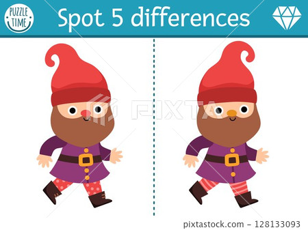 Find differences game for children. Dwarf educational activity with cute gnome in red hat. Magic forest puzzle for kids. Fairytale printable worksheet, page for logic, attention with fantasy creature 128133093