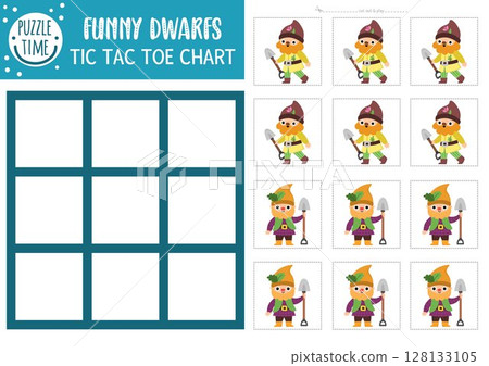 Vector fairytale tic tac toe chart with cute garden dwarfs. Fantasy board game playing field with fantasy character. Funny printable worksheet. Magic forest noughts and crosses grid with gnome Vector fairytale tic tac toe chart with cute garden dwarfs. Fantasy board game playing field with fantasy character. Funny printable worksheet. Magic forest noughts and crosses grid with gnome 128133105