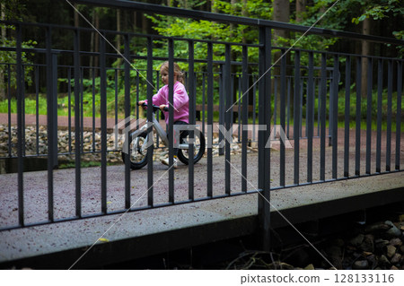 A child rides a balance bike across a picturesque bridge in a park, enjoying the thrill of being active outdoors and developing balance and coordination skills in a bright, natural setting. 128133116