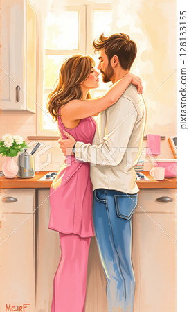 Married couple hugging in the morning in the kitchen. Man and woman in love hugging in the rays of the morning sun 128133155