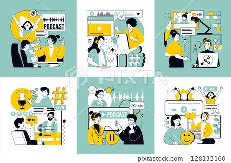Video podcast concept of social media banners set for web design. People recording conversation in studio, creating audio interview, broadcasting live, making talk streaming. Vector illustrations. 128133160