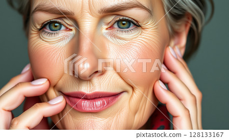 Portrait of a middle-aged woman. Facial wrinkles are pronounced Portrait of a middle-aged woman. Facial wrinkles are pronounced 128133167