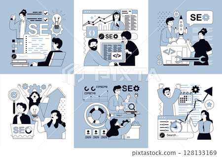 Seo optimization concept of social media banners set for web design. People research website traffic data, finding query in browser, selecting keywords, optimizes site metrics. Vector illustrations. Seo optimization concept of social media banners set for web design. People research website traffic data, finding query in browser, selecting keywords, optimizes site metrics. Vector illustrations. 128133169