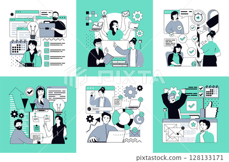 Project management concept of social media banners set for web design. People marking tasks with checklist, teamwork brainstorming, discussion meeting, doing plan and goals. Vector illustrations. 128133171