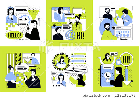 Lets talk concept of social media banners set for web design. People communicating, sending emails and messages, networking, chatting in groups and communities, video calling. Vector illustrations. 128133175