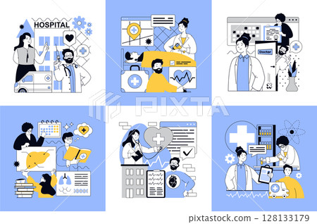 Healthcare and medical concept of social media banners set for web design. People working in hospital and ambulance, patients in ward, doctors making diagnosis and treatment. Vector illustrations. 128133179
