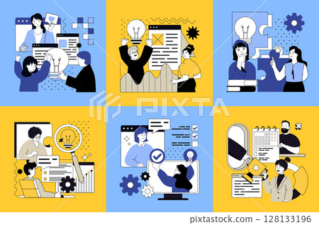 All good ideas concept of social media banners set for web design. People thinking, searching solutions, brainstorming, creating business innovations, making startup strategy. Vector illustrations. All good ideas concept of social media banners set for web design. People thinking, searching solutions, brainstorming, creating business innovations, making startup strategy. Vector illustrations. 128133196