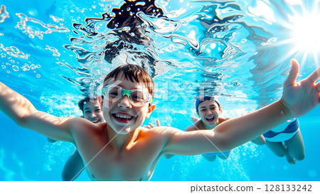 Portrait of a boy swimming underwater in a pool. A joyful child looks at the camera. 128133242