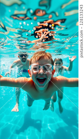 Portrait of a boy swimming underwater in a pool. A joyful child looks at the camera. Portrait of a boy swimming underwater in a pool. A joyful child looks at the camera. 128133243