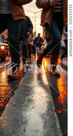 A lot of people walk along the pedestrian crossing during rush hour 128133343