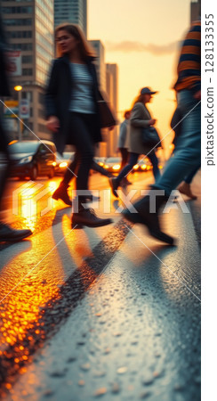 A lot of people walk along the pedestrian crossing during rush hour 128133355