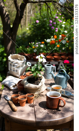 Transplanting flowers into flower pots outdoors in a summer cottage on a sunny day Transplanting flowers into flower pots outdoors in a summer cottage on a sunny day 128133376