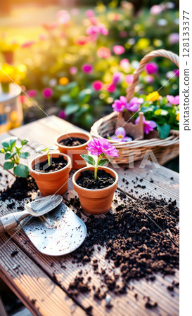 Transplanting flowers into flower pots outdoors in a summer cottage on a sunny day Transplanting flowers into flower pots outdoors in a summer cottage on a sunny day 128133377