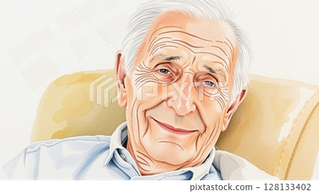 Portrait of an elderly man with kind eyes drawn with colored pencils. The man is sitting in a chair at home. 128133402