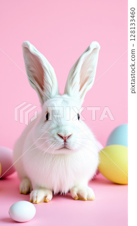 White fluffy rabbit sits on pink isolated background among colorful eggs White fluffy rabbit sits on pink isolated background among colorful eggs 128133460
