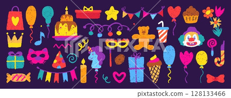 Birthday crayon drawn elements. Clown face, carnival masks, sweet desserts and festive garlands. Party balloons, cake with candle, gifts, neoteric vector set 128133466