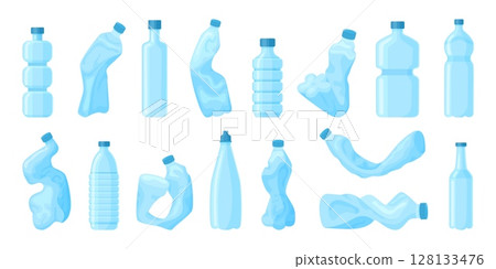 Cartoon crumpled bottles. Plastic trash, crush water containers. Broken and disposable flasks, empty packages for beverages, neoteric vector clipart 128133476