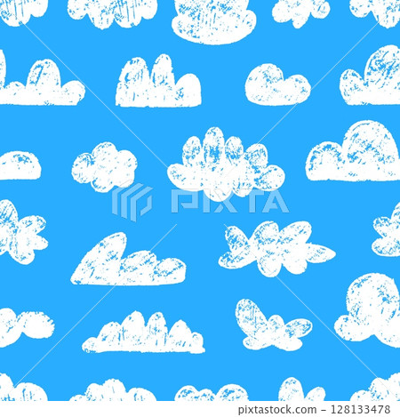 Chalk clouds seamless pattern. White cloud crayon doodle style drawing. Children design, weather nature print for fabric, wallpaper, neoteric vector background 128133478