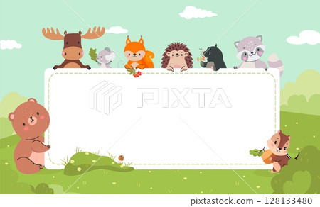 Childish empty banner with animals. Funny bear fox hedgehog raccoon holding board with space for text. Nature characters, valley landscape nowaday vector scene 128133480