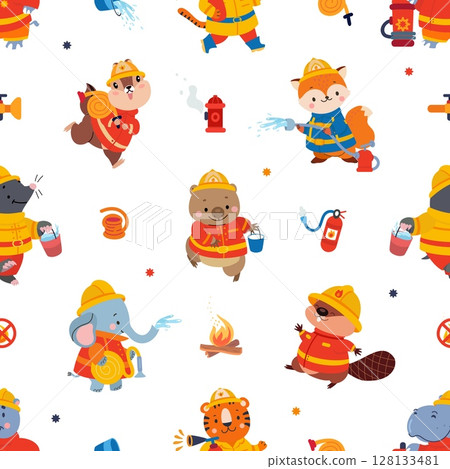 Firefighters woodland animal. Funny animals in fireman uniform, hydrant, bucket, water drops. Fox elephant tiger, childish fabric print, nowaday vector background 128133481