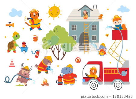 Animals firefighters. Funny animal firemen extinguish flame and rescue characters from burning home. Firetruck, watering house from emergency hose, nowaday vector scene Animals firefighters. Funny animal firemen extinguish flame and rescue characters from burning home. Firetruck, watering house from emergency hose, nowaday vector scene 128133483
