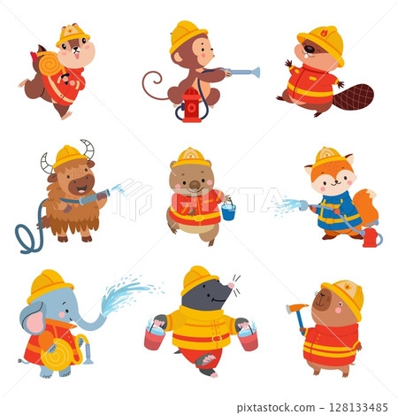 Firefighters animals. Cartoon animal in uniform with buckets, emergency hose with water. Elephant, fox, monkey extinguish flame, nowaday vector set Firefighters animals. Cartoon animal in uniform with buckets, emergency hose with water. Elephant, fox, monkey extinguish flame, nowaday vector set 128133485