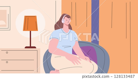 Young woman sitting at home and looking outside in window. Rainy day, girl listen music in headphones in cozy chair in living room, vector scene Young woman sitting at home and looking outside in window. Rainy day, girl listen music in headphones in cozy chair in living room, vector scene 128133487
