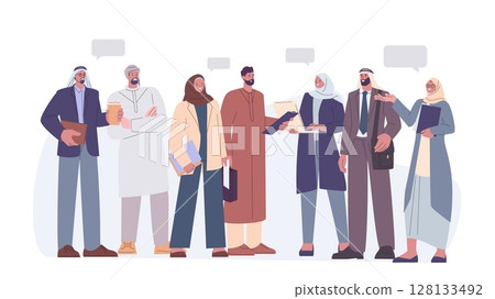 Muslim people talking. Women wear hijab, men in traditional arabic outfits. Isolated arab characters meeting and communicate, vector scene 128133492