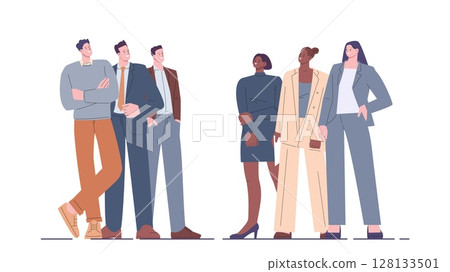 Confidence people. Male female business teams, opposites or rivals. Office men vs women, political confrontation characters, vector scene 128133501
