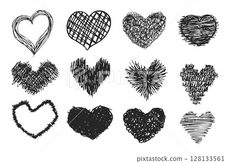 Set of hand drawn doodle hearts in black color 128133561