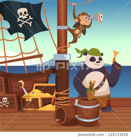 Cartoon pirates. wild animals standing on pirate battleship Cartoon pirates. wild animals standing on pirate battleship 128133638