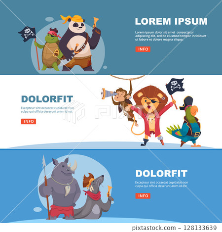 Cartoon pirates. battle animals in action poses. vector banners template 128133639