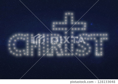 The word CHRIST shines in bright white lights against a dark cosmic background. The letter T is stylized as a glowing cross, creating a powerful visual statement of faith and divinity. 128133648