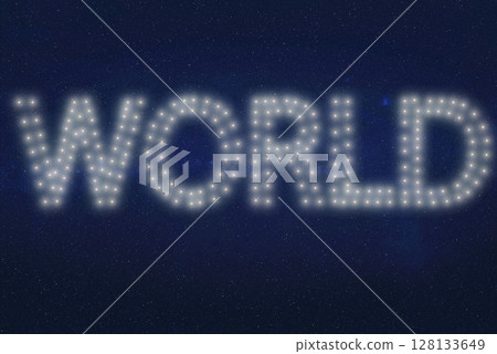 The word WORLD appears formed by clusters of white lights against a star-like black background. The word WORLD appears formed by clusters of white lights against a star-like black background. 128133649