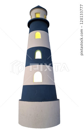 A striking blue and white lighthouse rises prominently against a clear sky. 128133777