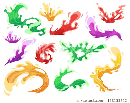 Cartoon juicy splashes. Juice splash vibrant colors, isolated liquid waves. Grape apple orange lemonade, sweet seasonal drinks nowaday vector elements Cartoon juicy splashes. Juice splash vibrant colors, isolated liquid waves. Grape apple orange lemonade, sweet seasonal drinks nowaday vector elements 128133822