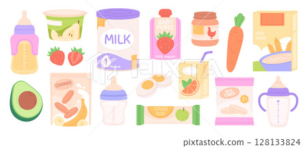 Baby food. Sweet healthy and natural nutrition for toddlers. Children cookies, bars, puree and porridge in different packaging. Kids feed racy vector set 128133824
