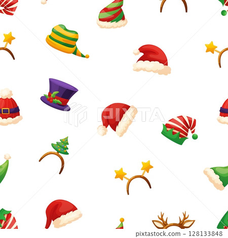 Santa, elves hats. Different cartoon head accessories, Christmas and New Year decorations. Festive vibrant winter holidays print for fabric, vector background 128133848