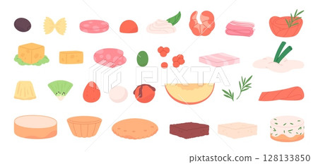 Ingredients for canape and mini food for buffet or party dinner. Different delicious products. Fresh fruits and vegetables, cheese, salmon, bread, vector clipart Ingredients for canape and mini food for buffet or party dinner. Different delicious products. Fresh fruits and vegetables, cheese, salmon, bread, vector clipart 128133850