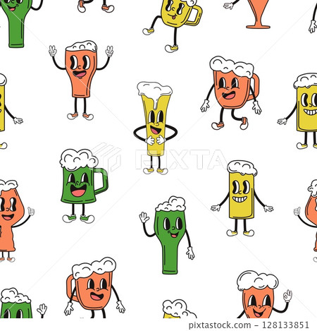 Groovy beer glasses characters. Comic glass with drinks with foam. Retro style creatures. Oktoberfest seamless pattern template, vector background Groovy beer glasses characters. Comic glass with drinks with foam. Retro style creatures. Oktoberfest seamless pattern template, vector background 128133851
